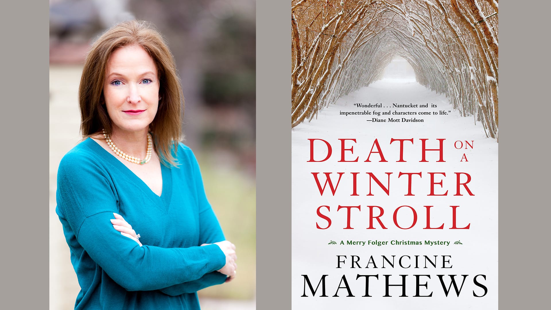 Author Head Shot and book cover of Death on a Winter Stroll by Francine Mathews